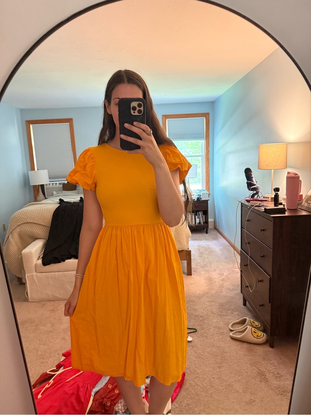 Zara Yellow Puff-Sleeve Midi Dress